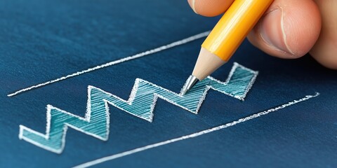 Close-up of a hand drawing a blue, zigzag line graph on a dark background with a yellow pencil, symbolizing financial data or market trends.