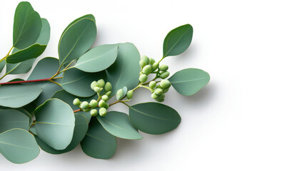 Obraz premium A close-up view of lush green leaves and delicate buds on a white background, perfect for nature-themed projects.
