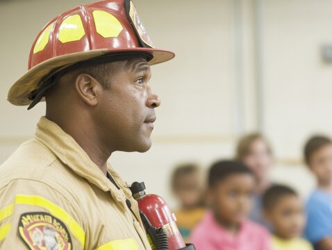 African American Male Firefighter Leading Indoor Fire Prevention Seminar to Diverse Group of Attentive Adults and Children at Community Center - Powered by Adobe