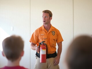 Male Firefighter Teaching Adults and Children Fire Prevention Techniques in Indoor Community Center During Daytime Seminar