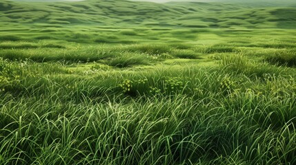 A serene image of a vast green grass field with undulating hills. Immersive perspective close to grass level, with swaying grass and a blurry bird in flight. Peaceful and open landscape.