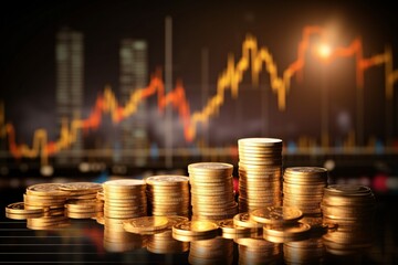 Stack of gold coins with trading graph, Financial Background, Golden Finance Image, Golden coin collection, AI Generative