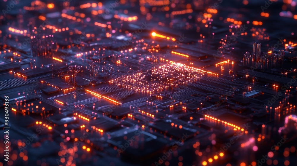 Poster glowing circuits form a complex network, showcasing the intricate design of a futuristic quantum com