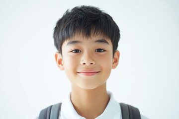 Asian teenage student carrying school bag on white background, student happy back to school