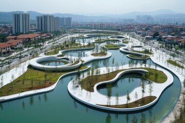 Fototapeta premium Urban Landscape with Winding Water Features and Concrete Pathways