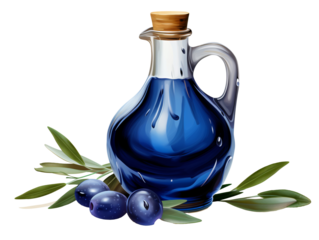 a blue bottle of oil next to blue berries