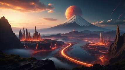 Futuristic landscape of modern city with skyscrapers on the background of exploding volcano