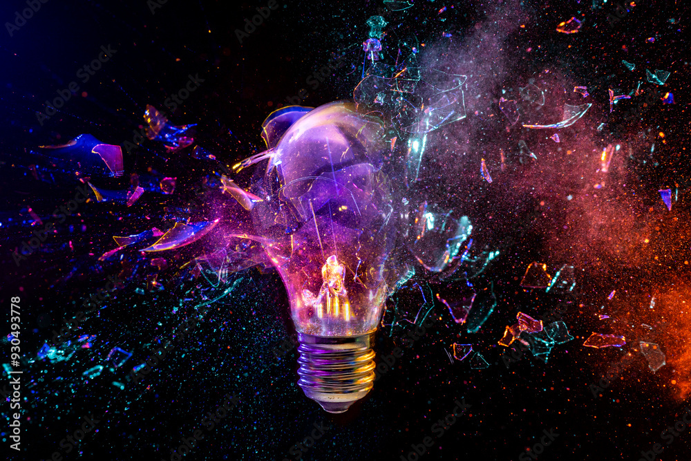 Wall mural light bulb exploding with colorful powder effect