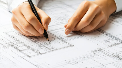 Hands Drawing Building Plans on Blueprint with Pen