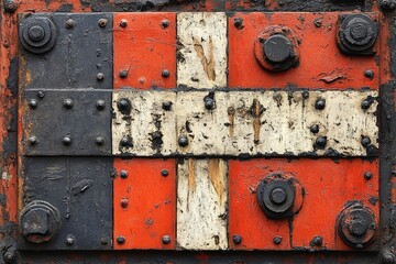 Weathered Metal Panel with Red, White, and Black Paint and Rivets