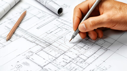 Hands Drawing Building Plans on Blueprint with Pen