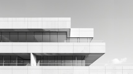 Obraz premium A modern office building with a facade covered in smooth white cement, reflecting the sky