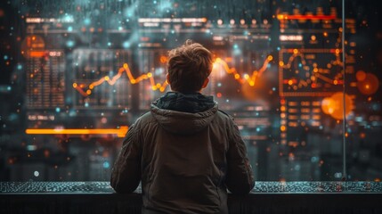 A man in a brown coat analyses intricate financial charts in a display case. The data includes stock exchange information, a radar chart, statistics
