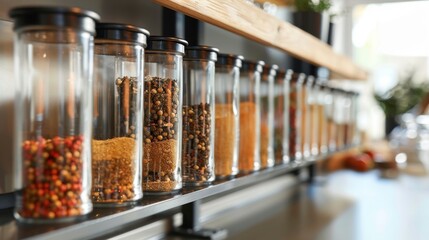 A modern kitchen with a row of neatly labeled spice containers displayed on a shelf