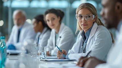 A focused scientist participates in a collaborative meeting, showcasing dedication and teamwork in a modern laboratory setting.