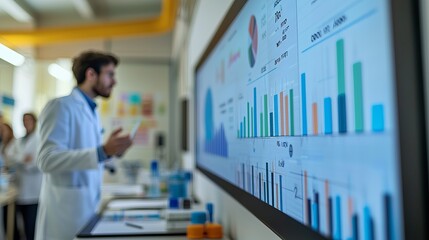 A focused scientist presents data on a large screen, showcasing several graphs and charts in a modern research environment.