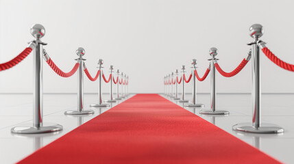 Luxury red carpet and golden stands with ropes on the white background. movie theatre concepts.	
