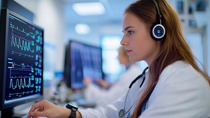 A healthcare professional in a lab coat uses a headset while analyzing medical data on a computer screen in a clinical setting.