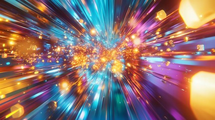 Obraz premium Futuristic Virtual Reality Landscape with Rotating Prisms and Shimmering Energy Streams in Cyan, Gold, and Blue Colors