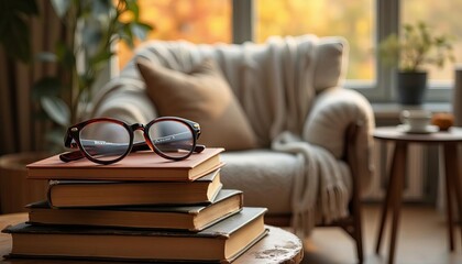 Autumn ambiance with earthy-toned books, cozy armchair, and vintage eyeglasses. A cozy autumn reading nook with warm-toned books and vintage glasses.