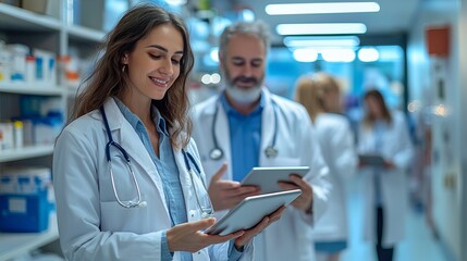 A healthcare professional uses a tablet in a pharmacy, communicating with colleagues in a well-lit medical environment.