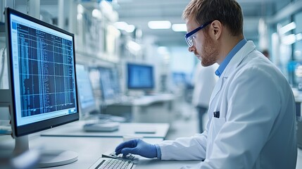 A scientist analyzes data on a computer in a modern laboratory environment, embodying precision and innovation in research.