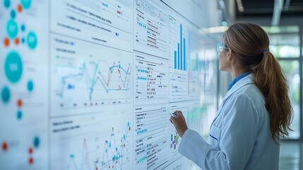 A scientist analyzes data on a large display, showcasing graphs and charts in a modern research environment.