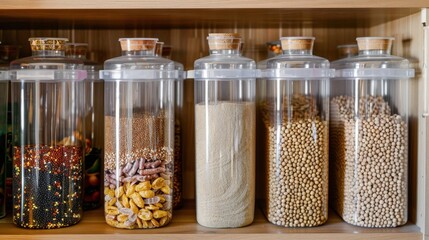 A pantry shelf with clear plastic containers holding various grains and cereals