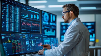 Fototapeta premium A scientist analyzing data on multiple monitors in a high-tech laboratory, showcasing modern medical technology and research.