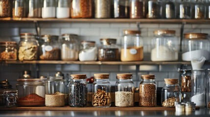 A pantry with jars and containers labeled and filled with spices, grains, and baking ingredients