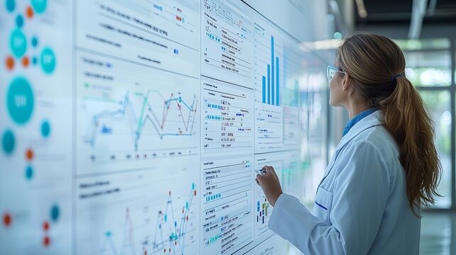 A scientist analyzes data on a large display, showcasing graphs and charts in a modern research environment.