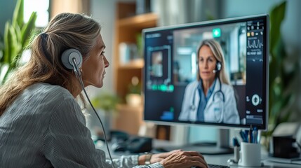 A woman engages in a telehealth consultation with a doctor using a computer, showcasing modern healthcare technology.