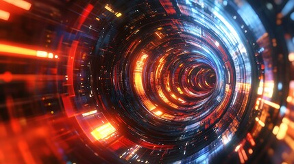 Obraz premium Futuristic Space Station with Vibrant Holographic Interfaces and Energy Fields in Red, Gold, and Blue | 3D Render Sci-Fi Concept
