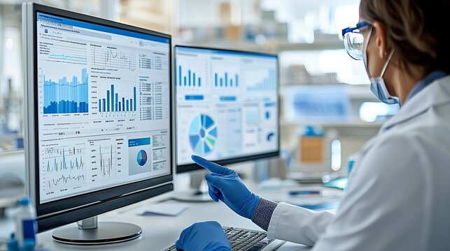 Analyst reviewing data on multiple monitors in a modern laboratory, wearing gloves and a mask for safety.