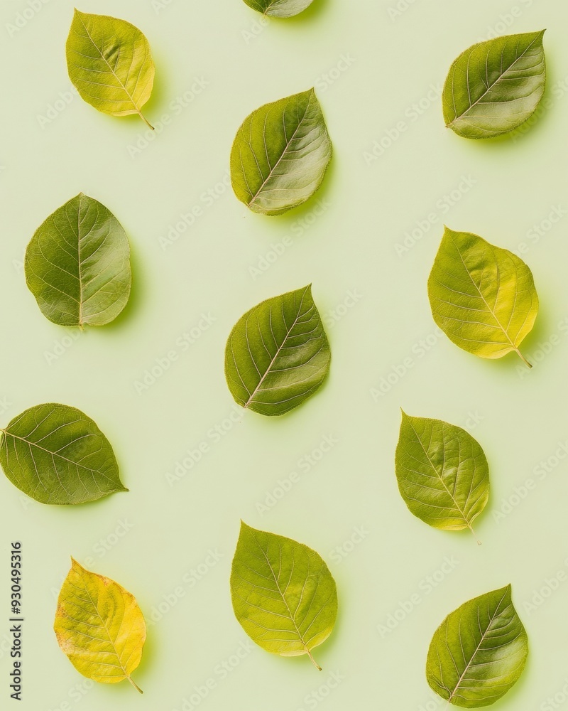 Poster green leaves pattern on pale green background consistent spacing, small shadows, bright and natural 