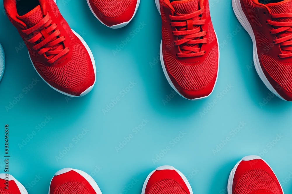 Poster vibrant red athletic shoes on pastel blue background with consistent spacing, creating clean and col