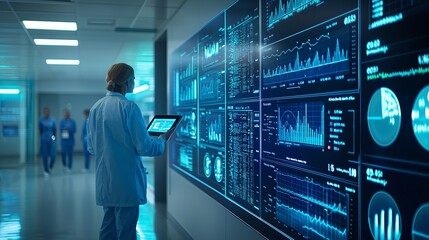 Healthcare professional monitors advanced data analytics on a digital display in a modern hospital environment.