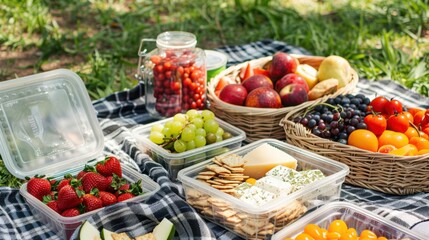 Obraz premium A picnic blanket with food containers holding fresh fruits, cheese, and crackers