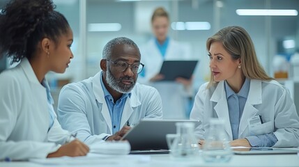 Medical team collaborating in a laboratory, discussing research findings and reviewing data on a tablet.