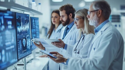 Medical team analyzing patient data on digital screens in a modern healthcare facility, showcasing collaboration and technology.