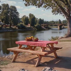 Wooden Picnic Table by the River