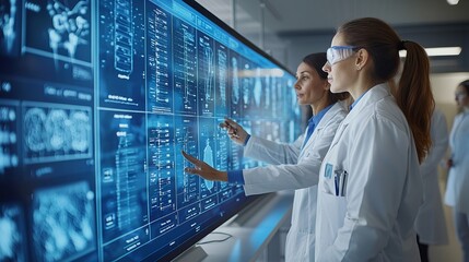 Two scientists review data on a large digital display in a modern lab, showcasing advanced medical technology and collaboration.