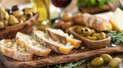 A rustic bread board with sliced baguette, olives, and cheese, perfect for a Mediterranean meal