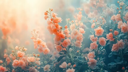 dreamy, abstract garden scene filled with lush, exaggerated flowers in a soft, ethereal color palette