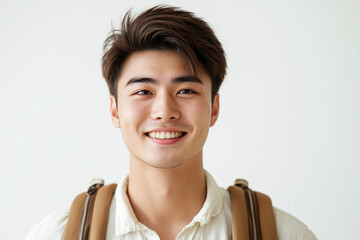 Asian teenage student carrying school bag on white background, student happy back to school
