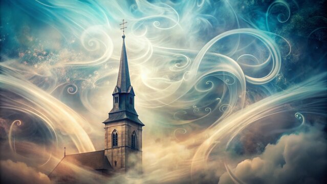 Abstract double exposure of church spire and misty swirls creating a mystical and ethereal atmosphere