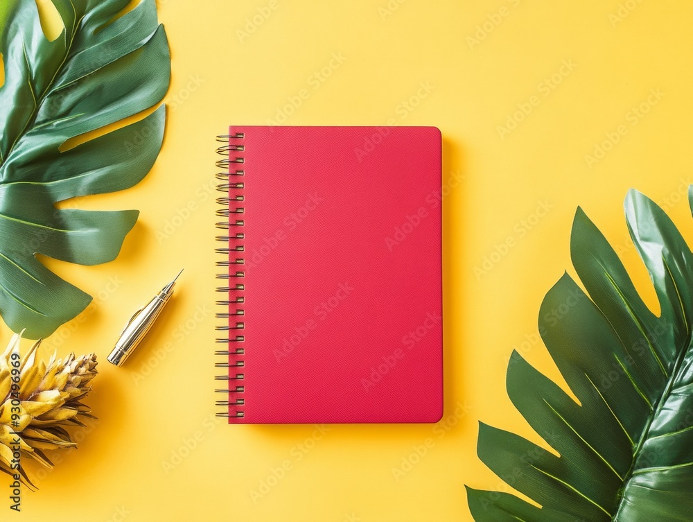 Poster back-to-school mockup with vibrant red notebook on wooden table against yellow background and smooth