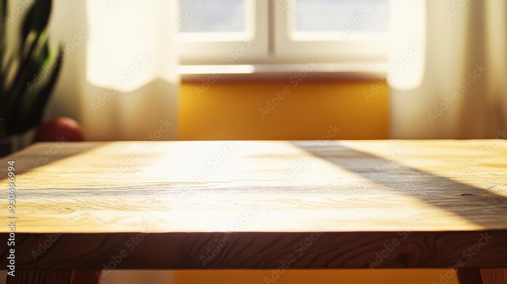 Poster serene retro-themed product display surface on yellow stucco table in sunlit room - minimalist compo