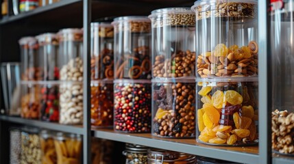 A set of airtight containers holding dried fruits and nuts, neatly arranged in a pantry