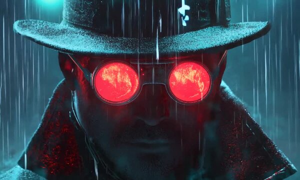 A mysterious man in a fedora and goggles with a red glowing reflection in the rain